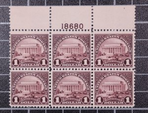Scott 571 $1.00 Lincoln Memorial MNH Plate Block Of 6 Plate 18680 SCV $500.00