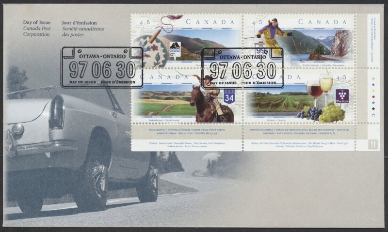 1997 #1650-1653 Scenic Highways FDC Plate Block CP Cachet Ottawa