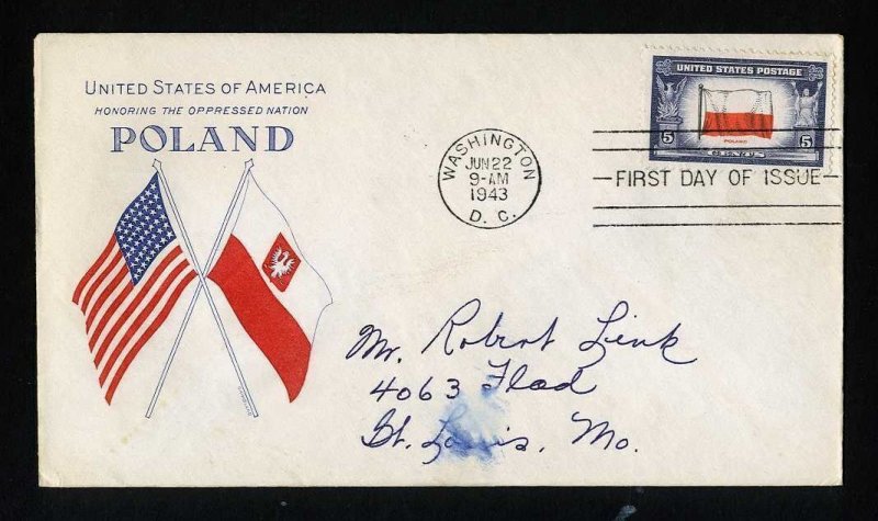 # 909 First Day Cover with Grimsland cachet Washington, DC 6-22-1943 - # 1