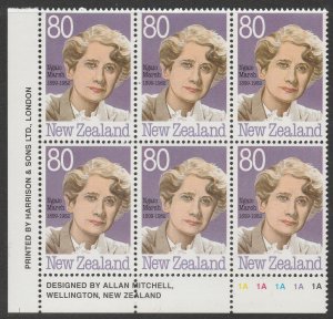 New Zealand 1989 80c Writers Plate Block UHM