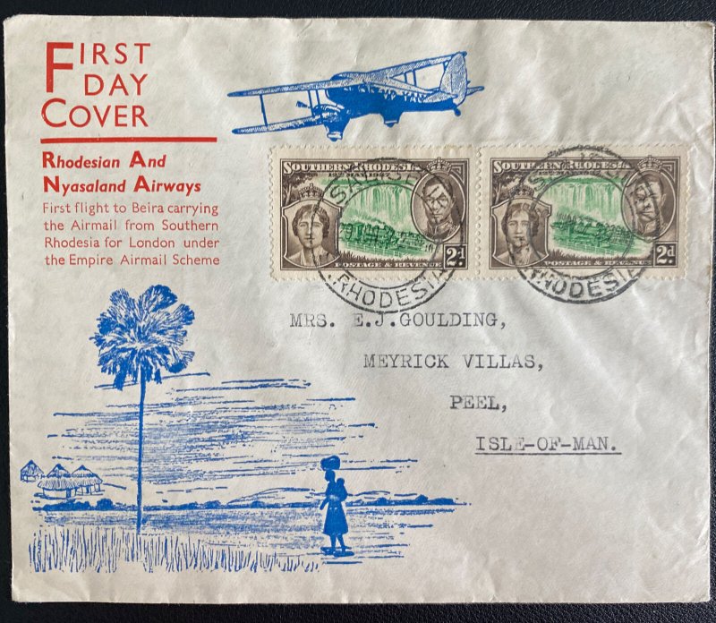 1937 Salisbury Southern Rhodesia First Flight Cover To Peel Isle Of Man FDC