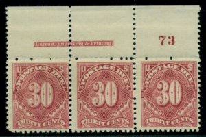 US #J36 30¢ deep claret Plate No. Imprint Strip NH, VF Miller cert Scott $4,500