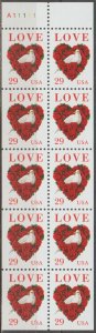 2814AV,  Never Folded pane of 10,  Love-Heart/Dove MNH .29 cent.