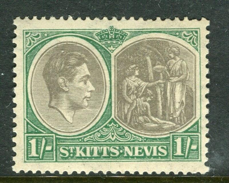 ST. KITTS; 1938 early GVI issue fine Mint hinged Shade of 1s. Perf 13x12 value