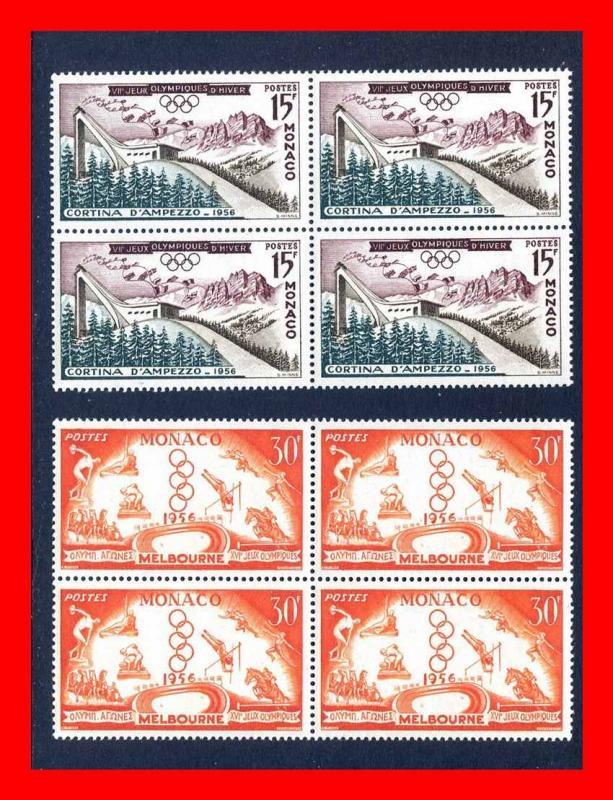 Monaco 1956 #363-364, Olympics set of 2 in blks of 4  -- MNH