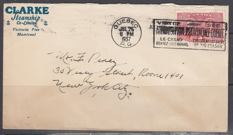 Canada - Jul 26 1937 Quebec PQ on Advertising Cover to States