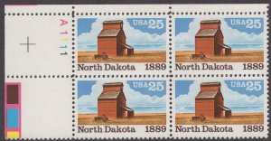 1989 North Dakota Plate Block Of 4 25c Postage Stamps, Sc# 2403, MNH, OG