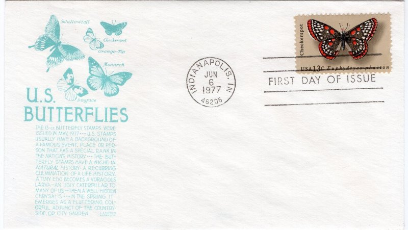 1977 FDC 1713 American Butterflies; Checkerspot, C. S. Anderson green cachet
