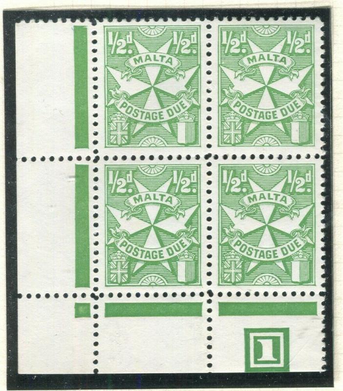 MALTA; 1953 early Postage Due issue fine MINT MNH Corner 1/2d. Block