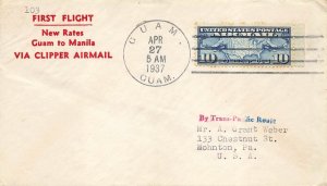 FIRST FLIGHT New Rates Guam to Manila via Clipper Airmail 1937