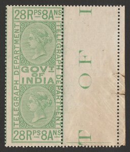 INDIA 1869 QV Telegraph 28R8a, wmk wide 'crown / INDIA'. MNH **.