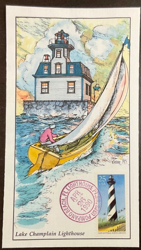 2471 Collins Hand Painted cachet Lighthouse FDC 1990 Pompano Beach FL cancel