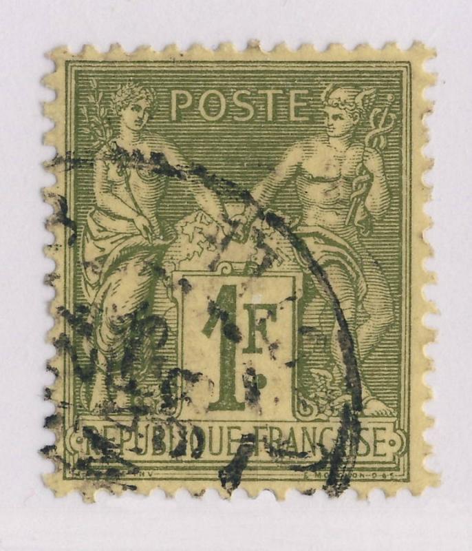 FRANCE - 1898 1fr OLIVE-CLAIR SUR PAILLE SAGE T.2 (N sous U) N°82 oblitéré TB 