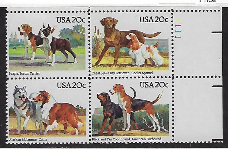 Catalog # 2098 01 Plate Block of 4 Stamps Dogs Canines Beagles Cocker Spaniel