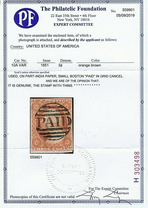 SC#10A VAR USED 3C WASHINGTON 1851, ORANGE BROWN TYPE II 2019 PF CERT