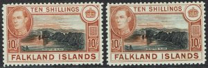 FALKLAND ISLANDS 1938 KGVI DECEPTION ISLAND 10/- 2 SHADES 