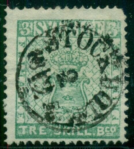 SWEDEN #1, 3sk green, used w/full Stockholm cancel, H.O.W. cert, Facit $6,000