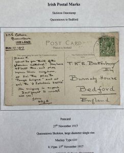 1917 Queenstown Ireland Skeleton Datestamp Postcard Cover To England Water View