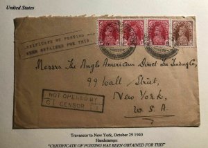 1940 Travancor India Cover To New York USA Certificate Of Posting Not Censored