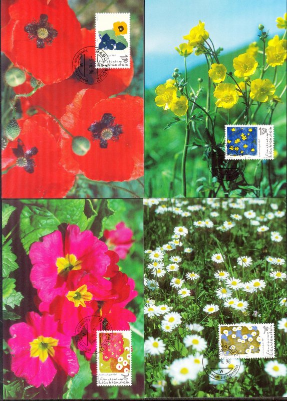 Liechtenstein 1996 Art Paintings Flowers 4 Maxi Cards FDC