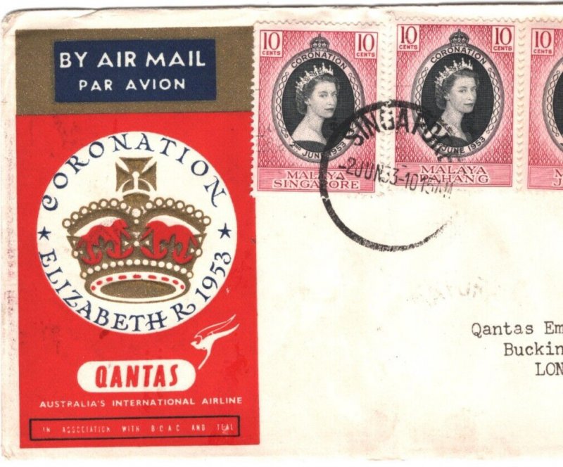 MALAYA STATES SINGAPORE Mixed Franking Cover QEII CORONATION FLIGHT 1953 MA1123