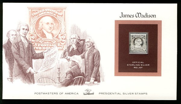 US US #312, $2 James Madison,  STERLING SILVER RELIEF Cover, fresh and clean,...