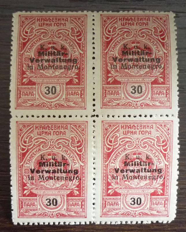 WWI MONTENEGRO - AUSTRIA - REVENUE STAMPS - BLOCK OF 4 R! yugoslavia J8