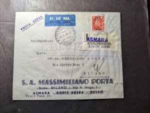 1948 Registered British Eritrea Overprint Airmail Cover Asmara to Milan Italy