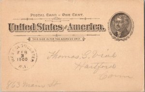 United States Rhode Island West Gloucester 1900 cds  1852-1901  Postal Card  ...