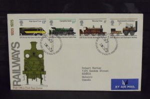 15462   GREAT BRITAIN   FDC # 749-752     Railways 1825-1975