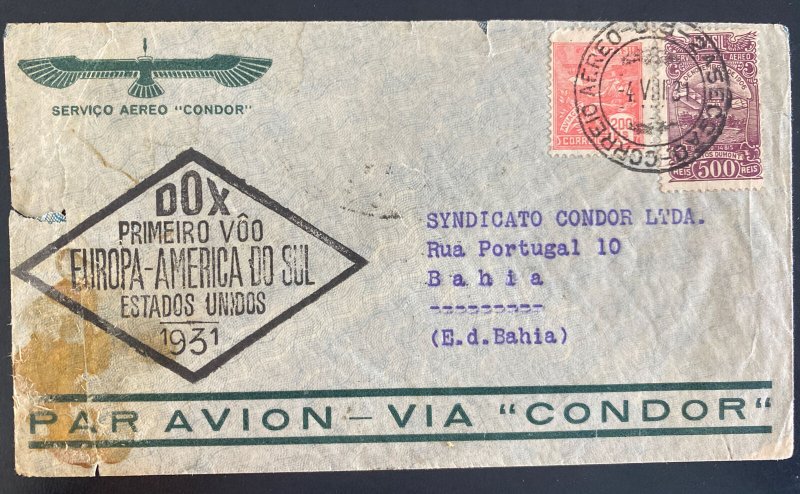 1931 Brazil DOX First Flight Cover Condor FFC To Bahia Condor Syndicate