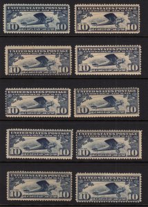 1927 Lindbergh 10c Sc C10 AIRMAIL MNH OG lot of 10 singles CV $125 (C