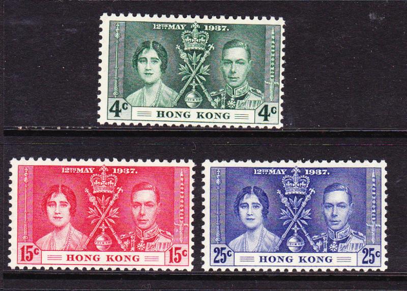 HONG KONG 1937 CORONATION  SET 3 MLH  