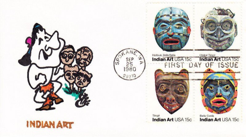 Ellis First Day Cover #1834-37 Indian Masks Block of Four 1980