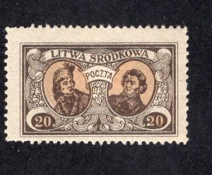 Central Lithuania 1921 20m brown olive & buff, Scott 42 Perf 13.5 Variety MH