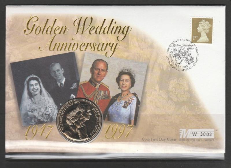 GB Coin FDC 1997 Golden Wedding westminster abbey apecial cancel,wth £5 special