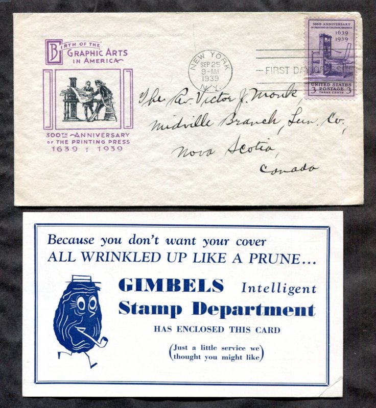 d370 - USA. Graphic Arts 1939 FDC Cover with Stamp Dealer Insert