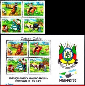 2355-58b BRAZIL 1992 PHILATELIC EXHIBITION, HORSE, COW, DANCE, SET and S/S MNH