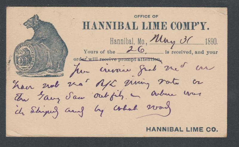 US Sc UX9 1890 Illustrated Advertising Card in blue, Hannibal Lime Co. Bear