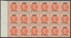 GB Officials 1887 Army ½d orange sgO41 block of eighteen unmounted mint margin