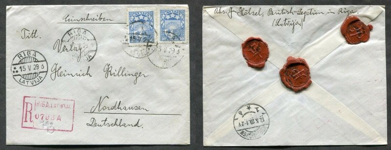 p38 - LATVIA 1929 Registered Cover to GERMANY. BRITISH LEGATION. Wax Seals