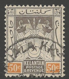 MALAYA KELANTAN SG22 1925 50c BLACK & ORANGE FINE USED