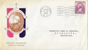 1936 FDC, #784, 3c Susan B. Anthony, Plimpton