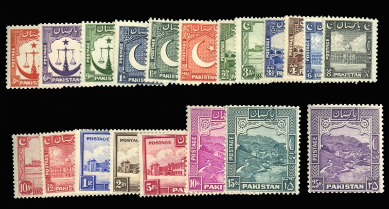 Pakistan #24-43 Cat$100, 1948-57 3p-25r, complete set, lightly hinged