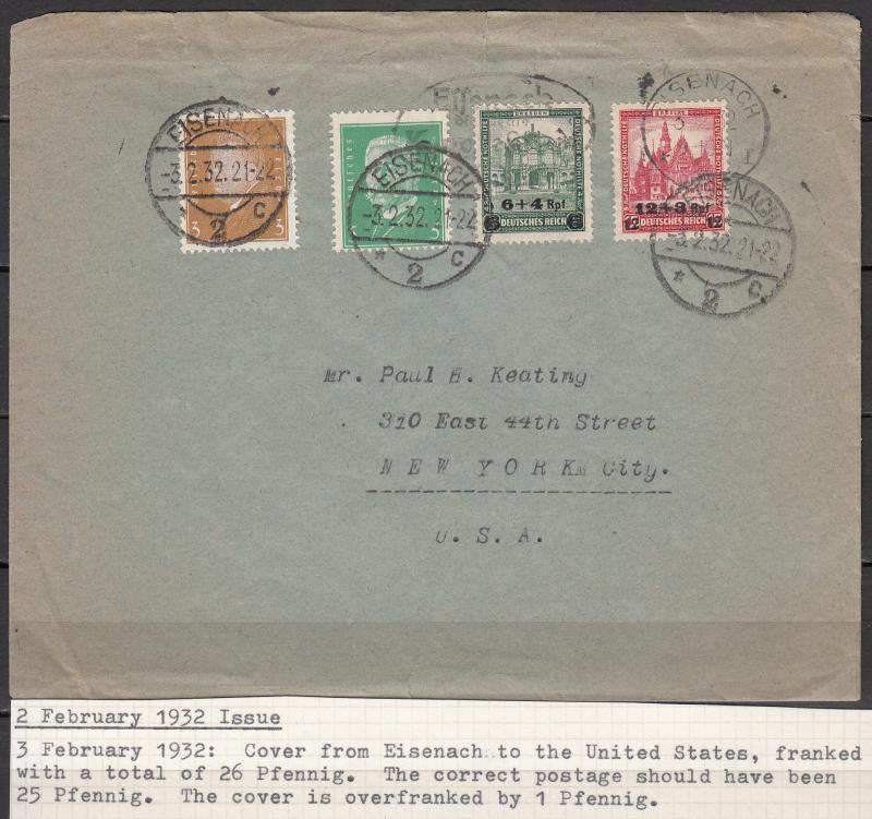 Germany - 3.2.1932 overprinted Buildings set on cover to USA (1947)