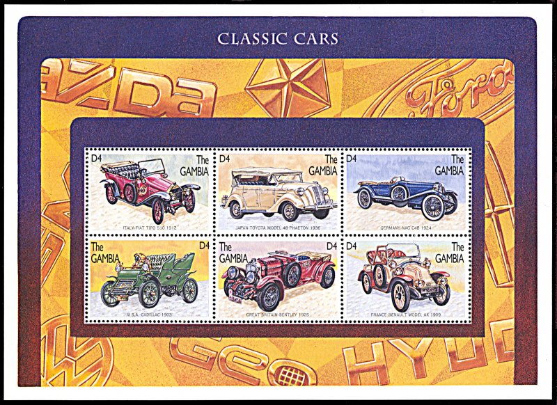 Gambia 1746, MNH, Classic Cars miniature sheet of 6