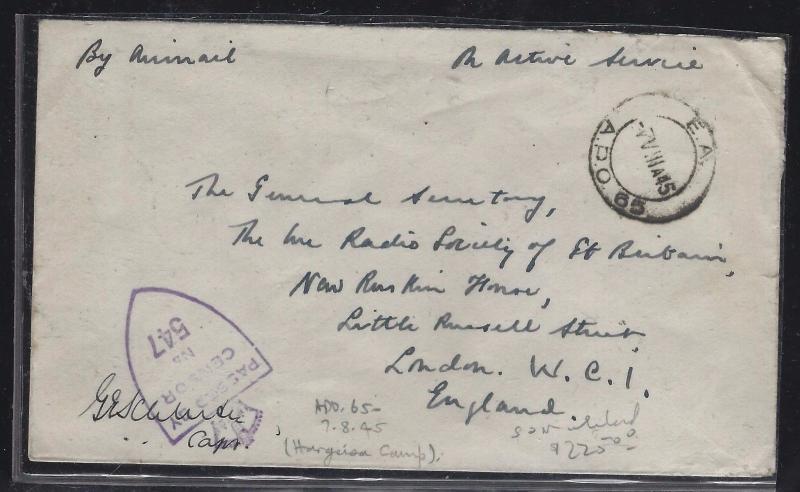 SOMALILAND COVER (P0312B)  1945  OAS  TO  ENGLAND