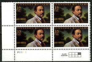 1995 Tennessee Williams Plate Block Of 4 32c Postage Stamps, Sc# 3002, MNH, OG