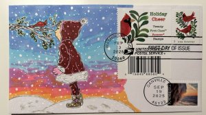 2025 Holiday Cheer FDC Hand Drawn Cachet 2025 Winter Landscapes Girl w/ Cardinal