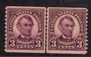 $US Sc#600 Mint Hinged, F-VF, coil line pair, CV. $30